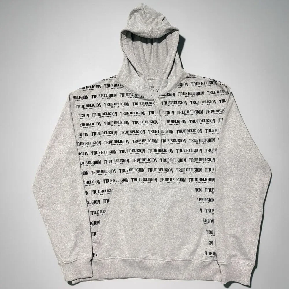 True Religion Mens XL Hoodie Gray Big Logo Spell Out Graphic Streetwear NEW